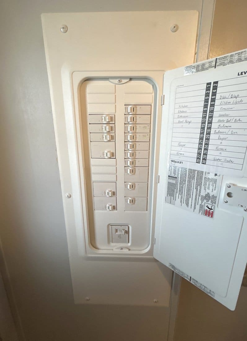 New Leviton 200-amp electrical panel with labeled breakers installed by RD Electric in Lewiston, Idaho